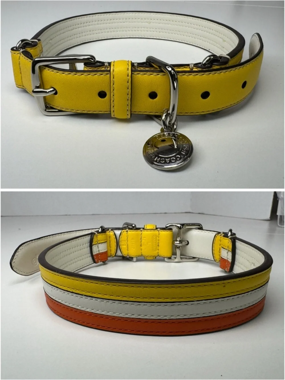 Coach Leather Y2K Striped Yellow White Orange Size Large 17-21” Dog Collar